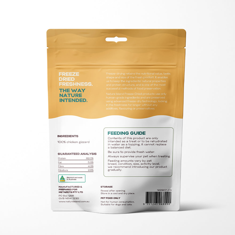 Back view of freeze-dried chicken gizzard pet treats packaging, showing ingredients, feeding guide, and nutritional information.