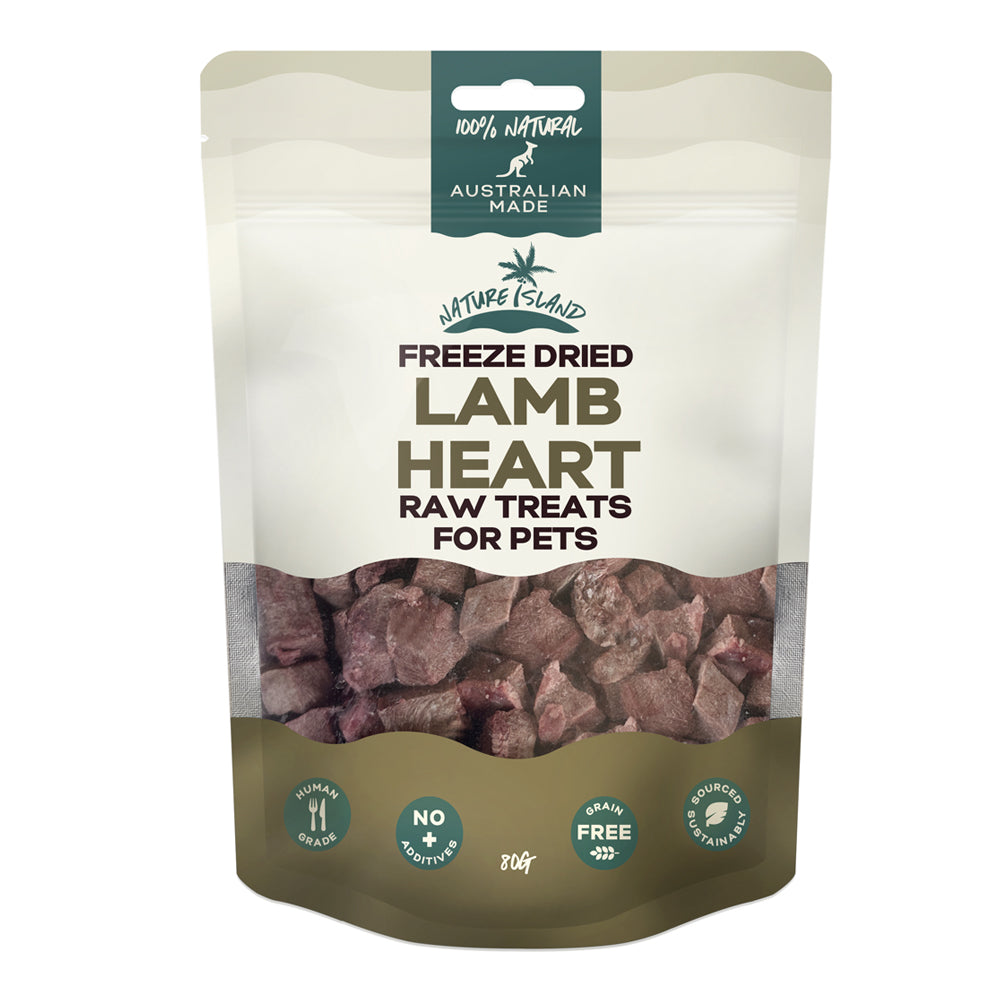 Freeze dried lamb heart treats for pets, 80g, 100% human grade, grain-free, no additives, made in Australia.