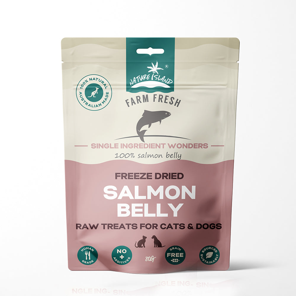 Freeze dried salmon belly raw treats for pets 80g, grain-free, 100% human grade, made in Australia, single ingredient wonder.