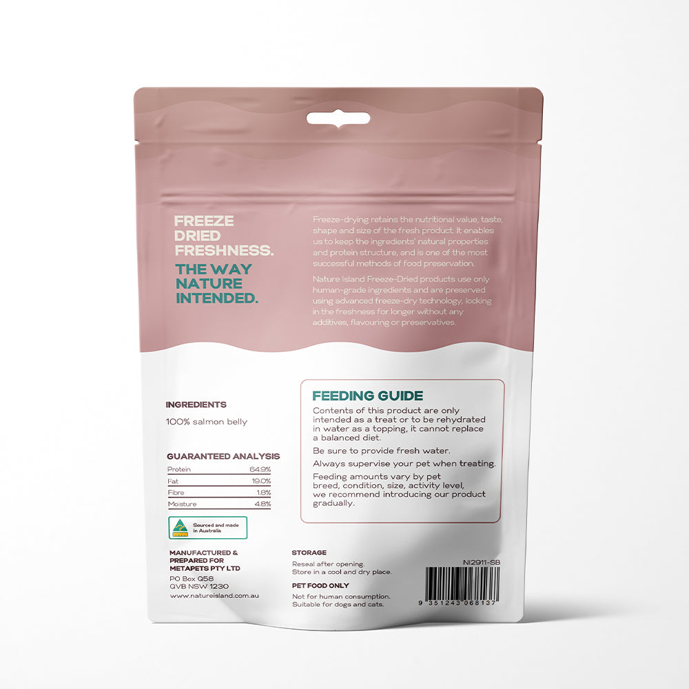 Back of package for Freeze Dried Salmon Belly Raw Treats, showing ingredients and feeding guide, made in Australia.