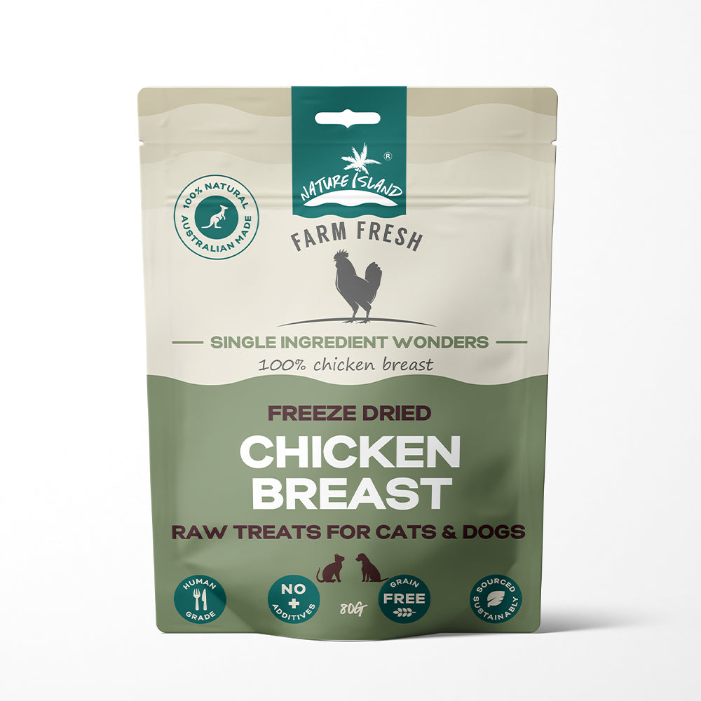 Freeze dried chicken breast treats for pets, 80g, single ingredient, no additives, grain-free, Australian made.