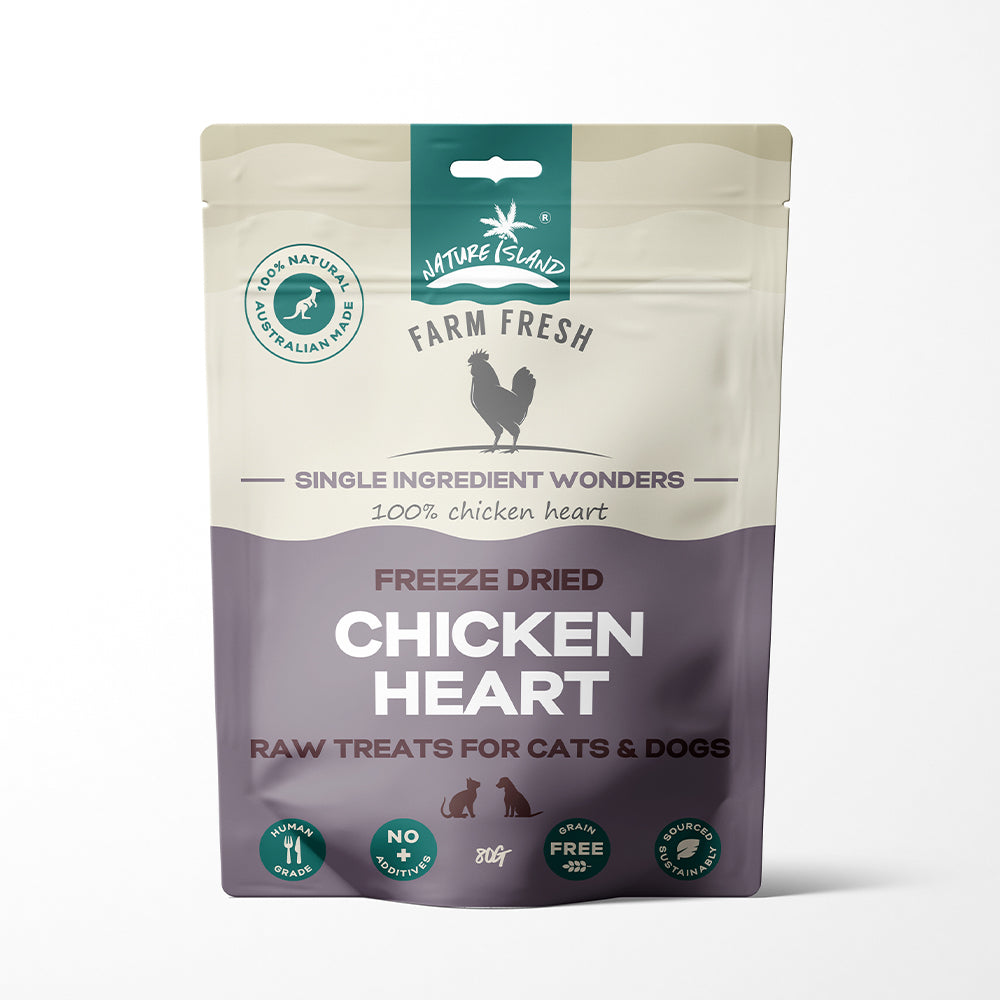 Freeze dried chicken heart pet treats for cats and dogs, 100% single ingredient, grain-free, made in Australia, 80g pack.