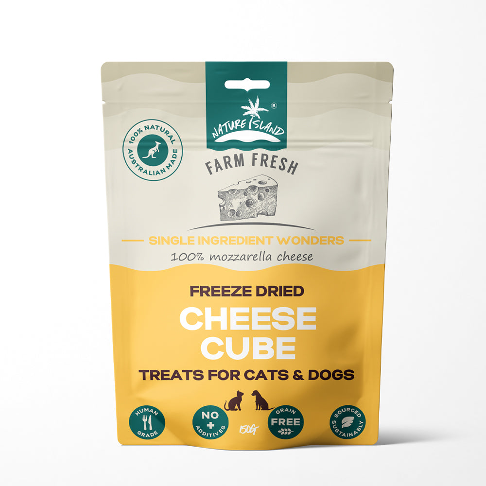 Freeze dried cheese cube pet treats 150g, 100% mozzarella, grain-free, made in Australia, for cats and dogs, Nature Island packaging.