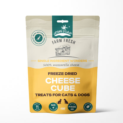 Freeze dried cheese cube pet treats 150g, 100% mozzarella, grain-free, made in Australia, for cats and dogs, Nature Island packaging.