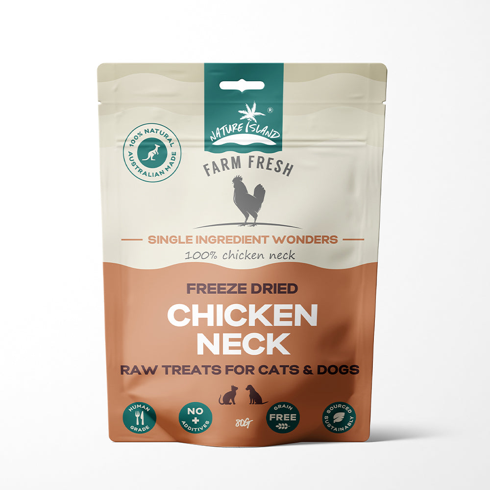 Freeze dried chicken neck raw treats for cats and dogs, 80g. Single ingredient, grain-free, Australian-made pet snack.