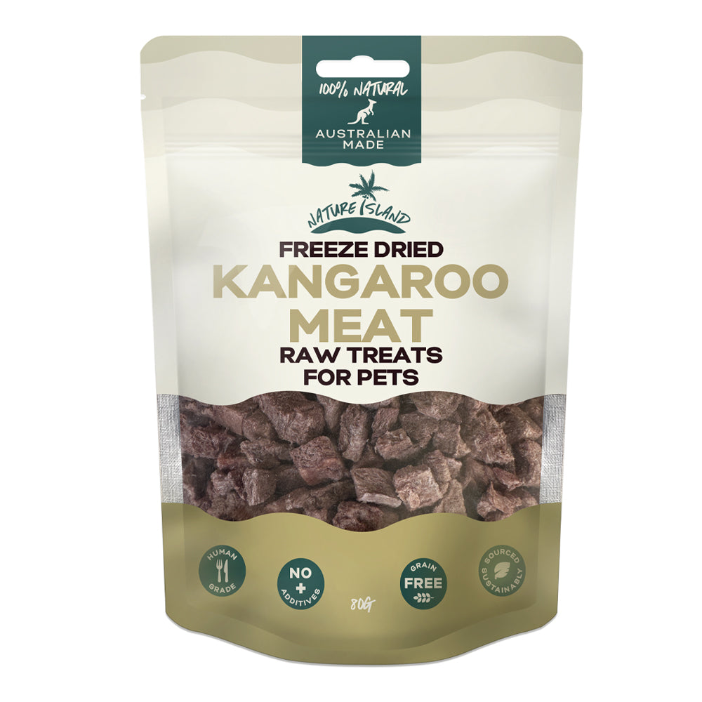 Freeze dried kangaroo meat raw treats for pets, 80g bag, 100% natural Australian made, human grade, grain-free, no additives.