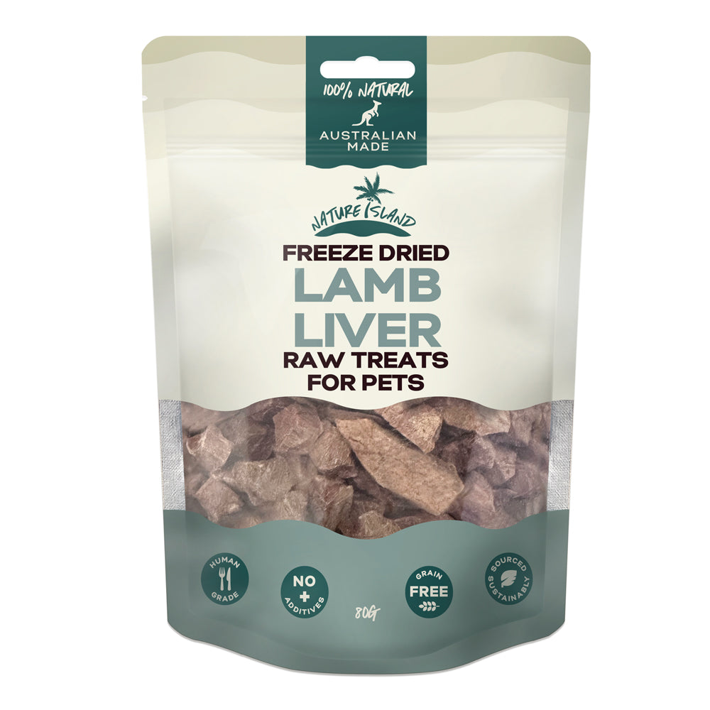 Freeze dried lamb liver raw pet treats, 80g pouch, Australian made, grain-free, 100% human grade, no additives.