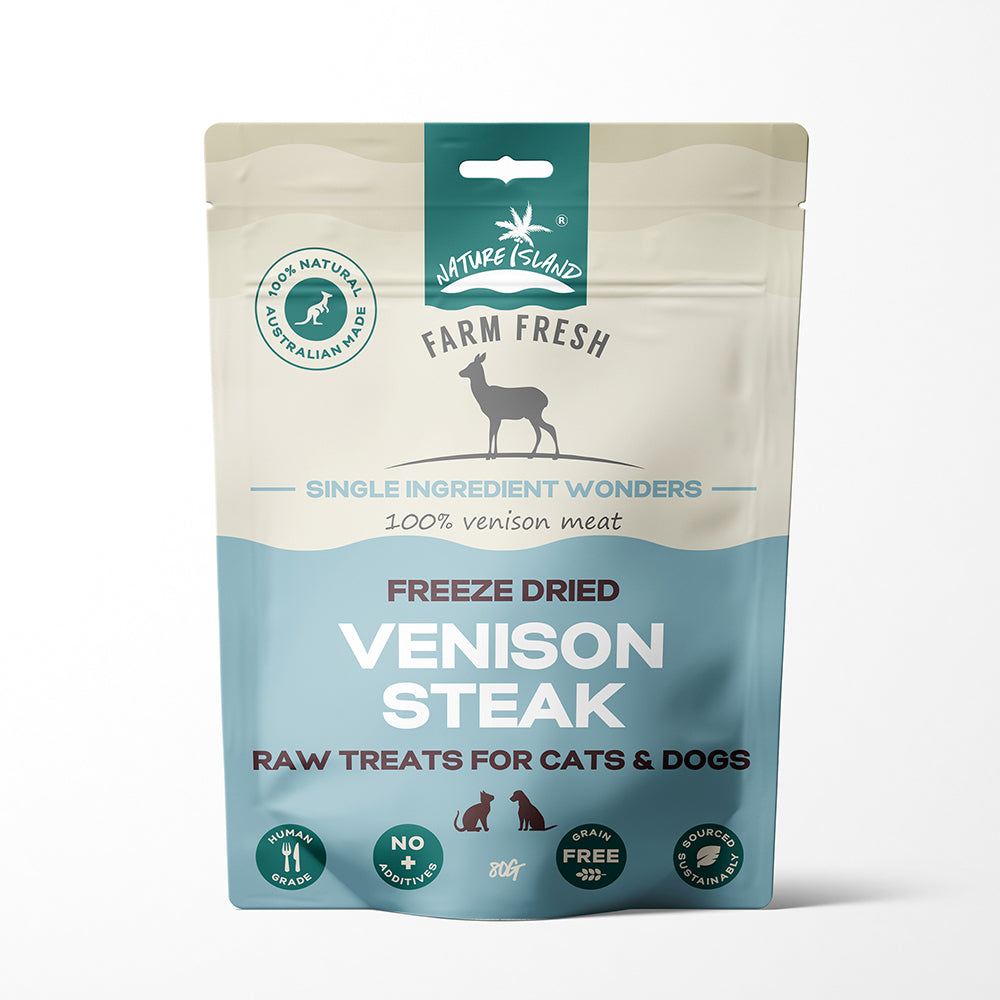 Freeze dried venison steak raw treats for cats and dogs, 80g bag, grain-free pet food, 100% venison meat, made in Australia.