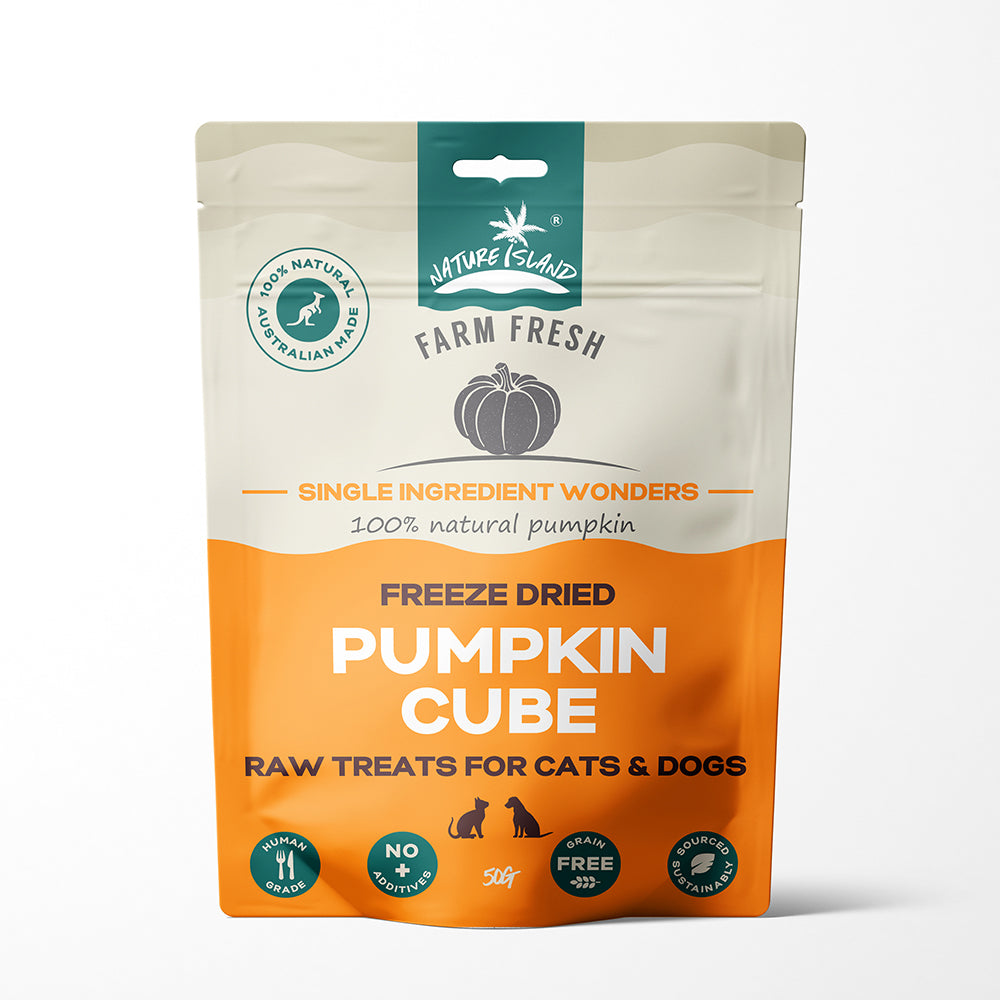 Freeze dried pumpkin cube pet treats, 50g, single ingredient, grain-free, made in Australia, suitable for cats and dogs.